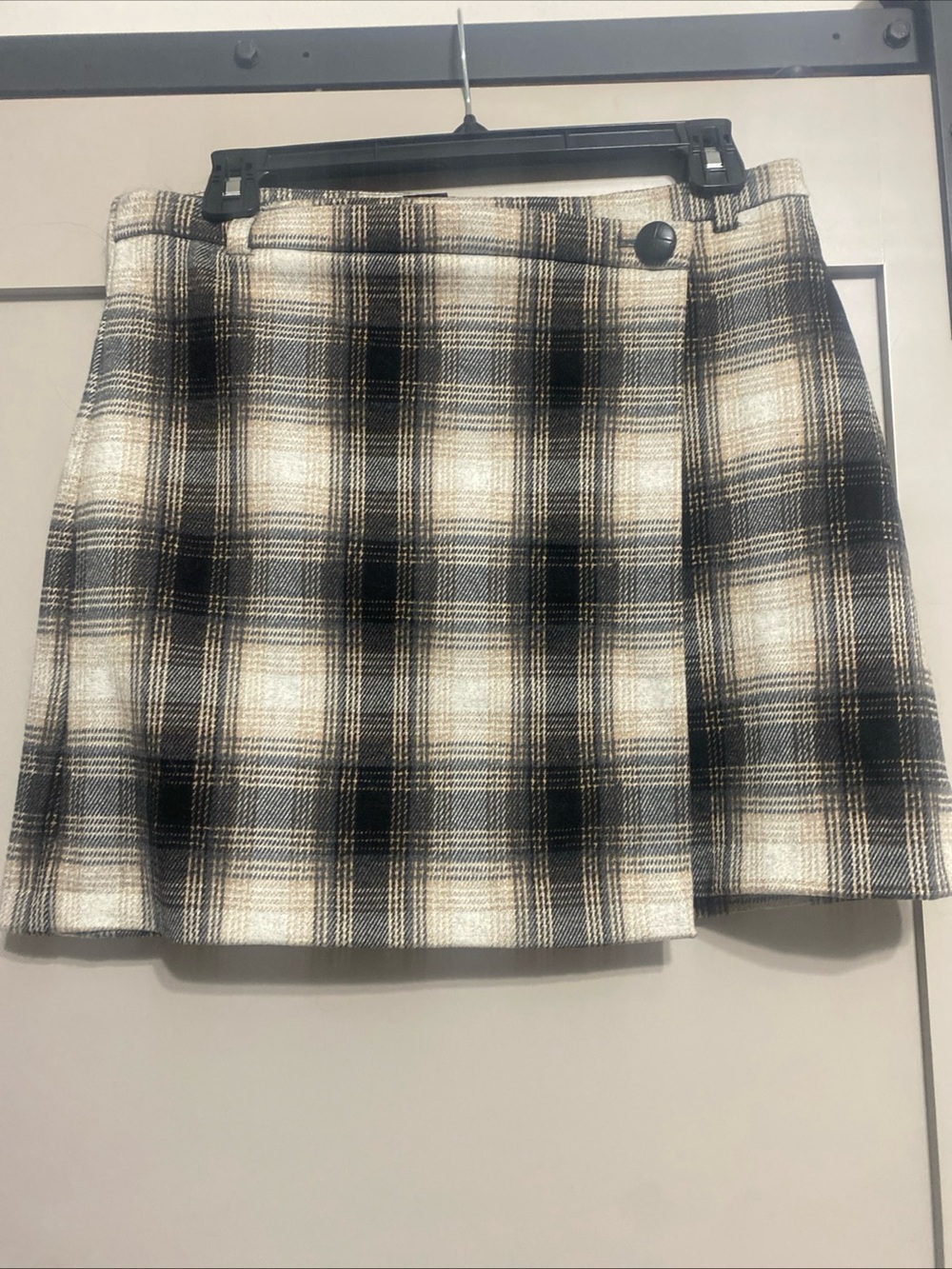 Catherine Malandrino Black and Cream Plaid Wrap-Style Mini Skirt